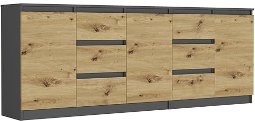 Framire Kommode Anthrazit/Artisan, 200x33x76 cm - R-200-S6 mit 6 Schubladen