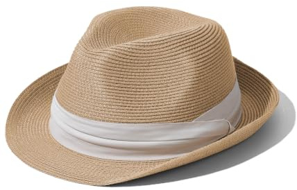 Hat Hut Sombrero Fedora de paja ultraligero, sombrero de playa de ala corta, sombrero de verano para hombres y mujeres, UPF 50+, Banda caqui y beige, Large