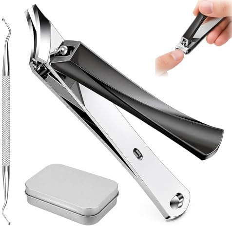 Ingrown Toenail Clippers with Slanted Curved Blade for Thick Nails - 2-Piece Stainless Steel Toenail Tool Set with Storage Case, Anti-Slip Grip & Nail Pick for Adults & Seniors