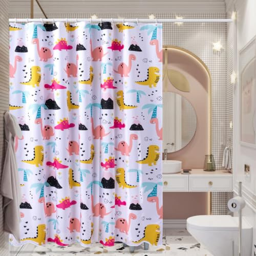 Générique Rideau Douche 200X240 Dinosaure Jaune Rose Rideau de Douche Anti Moisissure avec 12 Crochets,Rideau Baignoire Imperméable Séchage Rapide,pour Salle de Bain,Baignoire