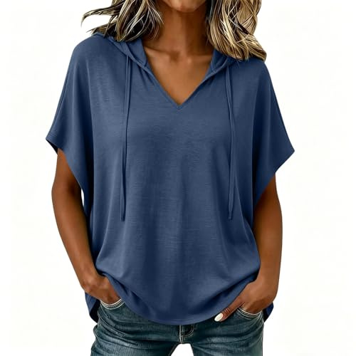 Kapuzenpullover Damen V-Ausschnitt Hoodie Kurzarm T-Shirt Sommer Leichtes Oberteil Lockere Einfarbige Kapuzenbluse Casual Sweatshirt für Freizeit und Sport