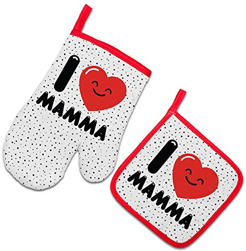 Babloo Set da Cucina Guanto da Forno e/o Presina I Love Mamma Mommy Idea Regalo Festa della Mamma Guanto + PRESINA