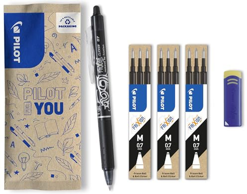 PILOT FriXion Clicker 0.7 – 1 Stift/9 Minen/1 Radierer – Farbe Schwarz – Radierbarer, nachfüllbarer Gel-Tintenroller mit Druckmechanik und thermosensitiver Tinte, mittlere Spitze