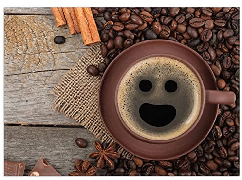 Wallario Rutschfester, Teppich mit Motiv - Fußmatte Lustige Kaffeetasse mit einem Lächeln - Kaffeebohnen und Zimt, Größe 50 x 70 cm - flachgewebt