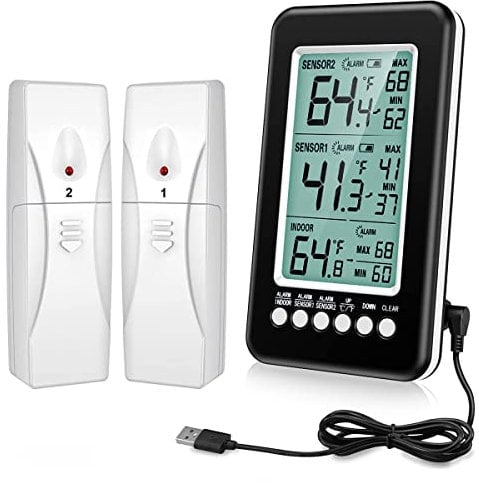 ORIA Refrigerator Freezer Thermometer with Wireless Sensors - Digital Fridge Thermometer, USB/Battery Powered, Min/Max Records, 4.3 Display for Home, Kitchen, Garden - Black