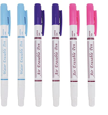 Double Head Disappearing Ink Fabric Marker Pen Vanishing Air Erasable Pen Water Soluble Cross Stitch Erasable Pen Auto-Vanishing Pen Sewing Tool Grommet Ink Fabric Patchwork Marking Pen,6-Pack,3-Color