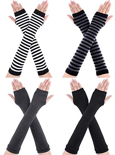 Bememo 4 Paar Punk Gothic Lange Fingerlose Handschuhe Gestrickte Armwärmer Ellenbogenlänge Daumenloch Handschuhe, Schwarz, Dunkelgrau, gestreift, 13.8 x 3.1 inches