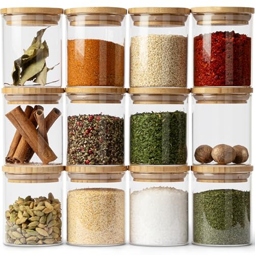 KIVY Gewürzgläser mit Holzdeckel - 12 x 150ml - Luftdichte und stapelbare Gewürzbehälter - Gewürzgläser Schublade - Gläser für Gewürze Aufbewahrung - Gewürzdosen Set rund