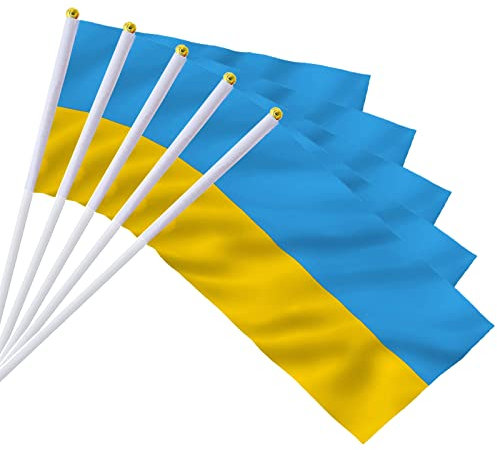 AhfuLife Petit Drapeau Ukraine - 30Pcs Mini Drapeaux Ukrainien avec Poteau Solide Blanc 30cm pour Décoration Jardin Bar Fête Nationale, Procession, Memorial Day, Élection
