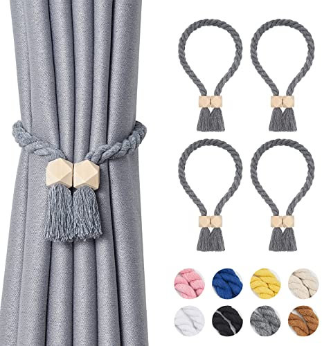 Pretty Jolly Polyeder magnetische Vorhang-Raffhalter aus Holz, Boho-Dekoration, Raffhalter, natürliche Baumwolle, handgewebt, für Fenstervorhänge für Zuhause und Büro, Grau, 4 Stück