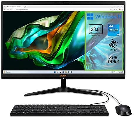 Acer Aspire C24-1800 Computer Fisso All in One, Pc Desktop, Processore Intel Core i5-12450H, Ram 8 GB DDR4, 512 GB SSD, Display 23.8 IPS FHD LED LCD, Intel UHD, Wifi, Webcam, Windows 11 Home