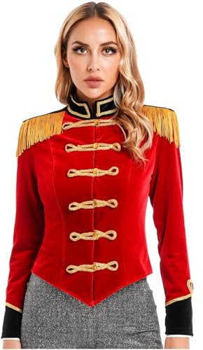 inlzdz Damen Zirkus Jacke Ringmaster Kostüm Halloween Cosplay Langarm Tailcoat Samt Mantel Zirkusdirektorin Faschingskostüm Weihnachten Karneval Rot A S