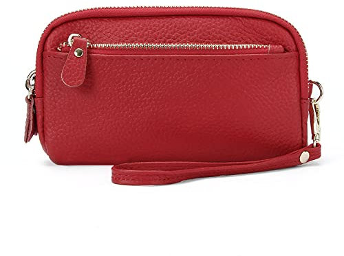 FORRICA Womens Wallet Large Genuine Leather Ladies Clutch Bag 3 Zippers Coin Purse Elegant Wallet for Phone with Wristlet Red