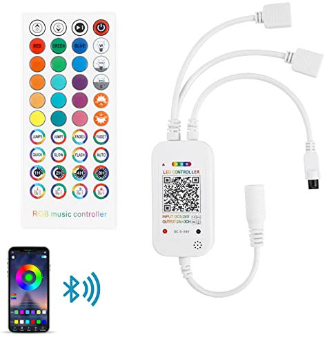 Aroidful Bluetooth-LED-Musik-Controller mit Intelligenter APP und IR-Fernbedienung, 40 Tasten, Musiksynchronisierter RGB-Controller 2-Port 4-Pin DC 5-24V für SMD 5050 3528 LED-Streifen