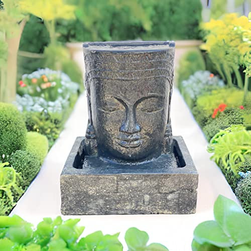 FaHome Fontaine Khmer Head - Bouddha Cascade - Jeu d'eau en pierre - Hauteur : 60 x 45 x 40 cm - Pompe incluse - Décoration de jardin relaxante de style asiatique