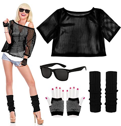 BOFUNX 80er Kostüm Zubehör Damen Herren Neon Netzoberteil Brille Netzhandschuhe Beinstulpen Neon Outfit Fasching Karneval Cosplay Kostüme Accessoires
