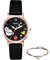 JewelryWe 2pcs Damenuhr Armband Schmuck Set Damen Kinder Analog Quarz Uhr mit Blume Erdbeere und Herz Leder Armbanduhr verstellbar Perlen Kugel Armreif für Frauen Mädchen Schwarz