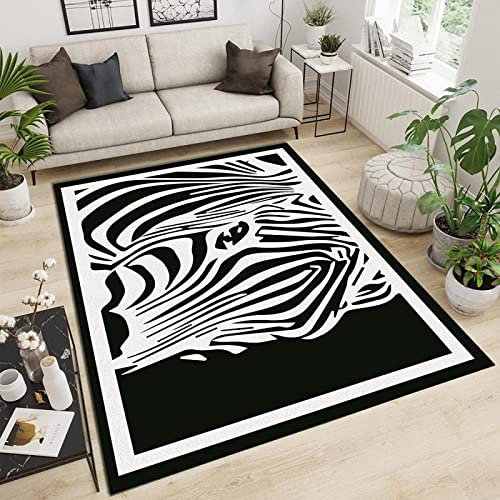 SANSJI Schwarz-weißes Zebra Teppiche Gegend, Europäischer Geometrischer Streifen Waschmaschinenfest Wohnzimmerteppich - für Terrasse Garten, Küche, Bad oder 120 x 170 cm