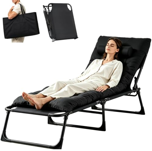 BSTSEL Heavy Duty Garden Sun Lounger with Bag Mattress 22mm Steel Frame Support Adjustable Folding Guest Bed with Cushion Sun Bed for Home Office Beach Garden Patio Pool (Black)