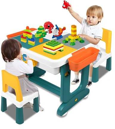 SUBTLETY Kindertisch Stuhl Set aus Kunststoff Kinder Aktivitätstisch mit Doppelseitiger Tischplatte Bausteintisch mit 300 Bausteinen und 2 Stuhl Basteltisch für Kinderzimmer (Typ B)