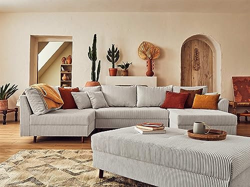 Lisa Design Rune – Wohnlandschaft Links – 7-Sitzer – mit hocker – aus Cord Hellgrau