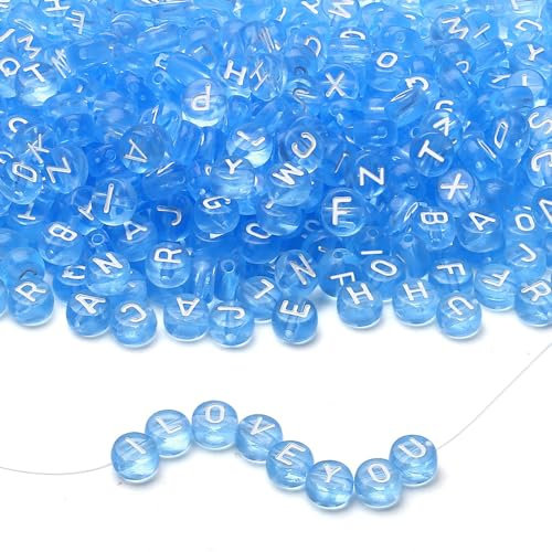 LAIDANLA Lot de 1500 perles rondes en acrylique avec lettres de l'alphabet blanches transparentes pour la fabrication de bijoux, bracelets, colliers, porte-clés - 7 x 4 mm