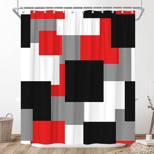 XHCEOH Geometrischer Duschvorhang, schwarz, grau, weiß und rot, abstrakt, modern, quadratisch, einfache Kunst, Vintage, Boho, Mitte des Jahrhunderts, Dekorstoff mit Haken, 190 x 178 cm (B x H)