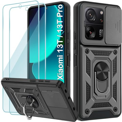 Yohii Handyhülle für Xiaomi 13T Hülle/Xiaomi 13T Pro Hülle mit 2 Stück Schutzfolie, Kameraschutz Case mit 360 Grad Ring Ständer Stoßfest Kratzfest Tough Armor Schutzhülle, Schwarz