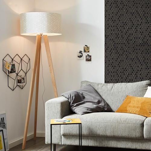 Lightbox Glamour Stehlampe - 158 cm x 50 Ø cm - moderne Stehleuchte mit weißen Stoff Schirm & Waben Muster & Schalter - E27 - aus Textil/Holz (Birke) - in Hellbraun/Weiß