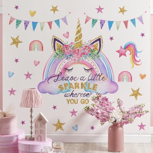 Runtoo Wandtattoo Regenbogen Einhorn Wandsticker Sterne Wandaufkleber Kinderzimmer Babyzimmer Mädchen Junge Wanddeko