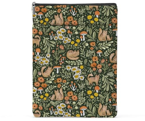 jeilink Book Sleeve Book Protector Book Pouch Book Lovers Gifts Bookish Gifts Book Cover with Zipper for Hardcover Paperback Washable Floral Cat Printed Gift Bag for Women Teacher Reader, BookCover