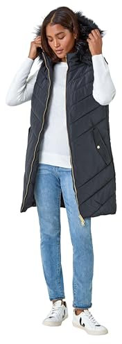 Roman Originals Quilted Gilet with Hood for Women UK Ladies Sleeveless Coat Hooded Jacket Padded Bodywarmer Winter Lightweight Warm Autumn Funnel Neck Longline Soft Bubbly - Plain Noir - Size 10