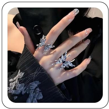 Wendalern Gothic Schmetterling Ringe Für Frauen - Silber und Schwarz mit Kristall Schmetterling - Einstellbar Offen Band Ringe - Kostüm Partei Geschenke für Mädchen
