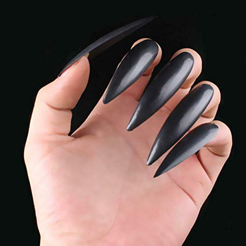 10-Piece Halloween Witch Fake Nail Tips for Zombie Cosplay, Full Cover Stiletto Nails with Creepy Design, Realistic Fake Nail Tips Set for Party Accessories, Black