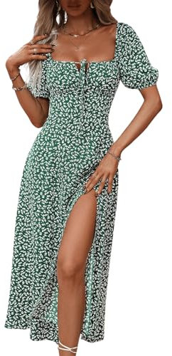 GORGLITTER Women's Floral Midi Dress Ruched Bust Split A Line Dress Boho Square Neck Short Sleeve Summer Swing Dresses Green and White S