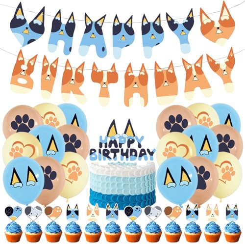 32PCS Blue Dog Birthday Party Decorations,Blue Dog Party Supplies with Blue Dog Balloon,Happy Birthday Banner, Blue Dog Cake Topper for Kids Blue Dog Theme Birthday Party