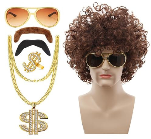 Rurunklee 70er-Jahre-Kostümperücke, 70er-Jahre-Perücken für Männer | Herren-Lockenperücken - Männer-Disco-Kostüm-Set, 70er-Jahre-Outfits für Männer, Perücke für Cosplay-, 6-teiliger Retro-Stil