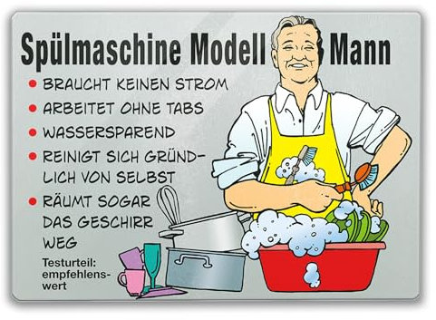 Hausmann Schneidebrett Glas mit Spruch Spülmaschine Mann Mann am Werk Effizient wassersparend - Ideal für Spüldienst Küchen-Haushalt
