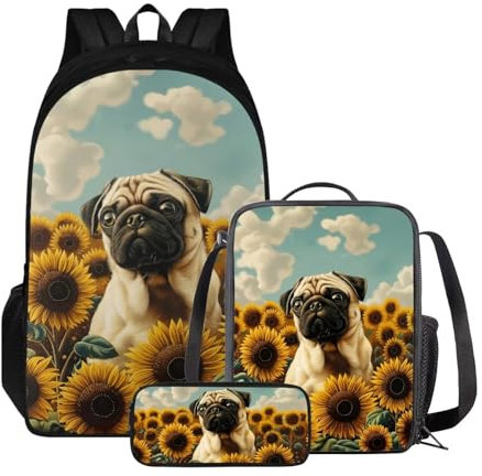 Poceacles Kinder-Rucksack-Set, 3-teilig, mit Lunchbox und multifunktionalem Federmäppchen, Schultasche, Geschenk für Mädchen und Jungen, Mops, Hund, Sonnenblume