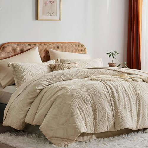 Tospass Getuftet Boho Bettwäsche 135x200 cm Khaki Beige Bettwäsche mit Stickerei Geometrische Chic Gewaschene Mikrofaser Wendebettwäsche 1 Deckenbezug mit Reißverschluss 1 Kissenbezug 80x80cm