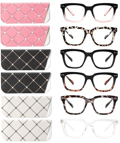 Kerecsen 6 Pack Oversized Reading Glasses for Women Men Square Blue Light Blocking Computer Readers Spring Hinge (6 Multicolor, 2.25, x)