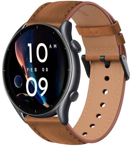 Amzpas Bracelet pour Huawei Watch GT2 / GT 2 Pro 46mm, 22mm Remplacement en Cuir Bracelet Femme Homme Compatible avec GT3 / GT 3 Pro/GT 2e, Marron clair