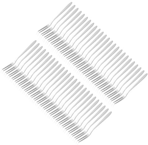 Obstgabel aus Rostfreiem Stahl, 50 Stück Dessertgabeln Zwei Zinken Mini Kuchen Cocktail Tasting Salat Gabeln für Geburtstagsfeier, Haus, Restaurant, Silber