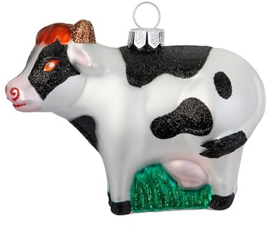 Christbaumschmuck Glas 9cm - Kuh Figur zum Aufhängen - handbemalt - Weihnachtsbaum Anhänger für Weihnachten - Christbaumanhänger & Weihnachtsbaumschmuck - Bauernhof Tiere Weiß Schwarz