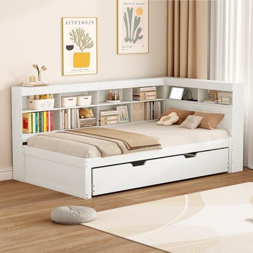 YESGIGA Schlafsofa, Ausziehbares Bett 90x190 mit USB-Steckdose und Mehreren Ablagefächern, Massivholzbett, Einzelbett, Holz-Multifunktionsbett (Weiß, 90x200cm)