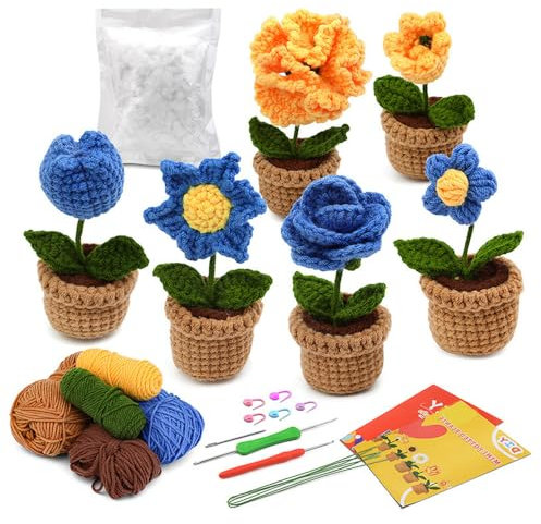 ysister Kit de Crochet pour Débutants 6 pièces kit de démarrage au crochet Tricoter des Peluches Fleurs kit complet de crochet Plantes en pot, pour débutants, adultes et enfants(Bleu)