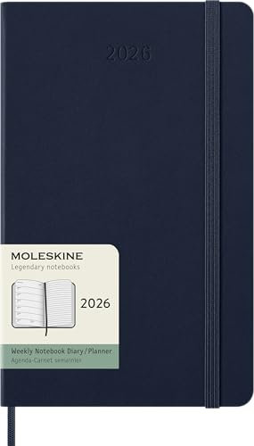 Moleskine Wochenplaner, Wochenagenda 2026 12 Monate mit Platz für Notizen, mit festem Einband und Gummibandverschluss, Großformat 13x21, Farbe Blau