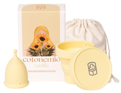 Cotonemio Vanilla - S Coppetta Mestruale in 100% Silicone Medico con Sterilizzatore e Sacchetto in Cotone | Kit Coppetta Riutilizzabile, Senza BPA, Fino a 12 Ore di Protezione