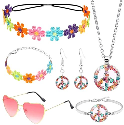 6 Stück Hippie Kostüm Zubehör, Vintage 70er Jahre Flower Power Accessoires mit Gänseblümchen Kopfschmuck Liebesbrille Peace Kette Ohrringe Armband für Damen Fasching Karneval Disco Party(Blumen)