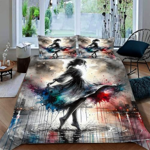 Zbeiba Bettwäsche 135x200,Bettbezug Set 3 Teilige mit 2 Kissenbezug,Tuschemalerei Mädchen Muster(135x200+2 * 50x75,#5)